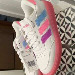 Adidas White Sneakers with Pink, Blue, and Purple Stripes